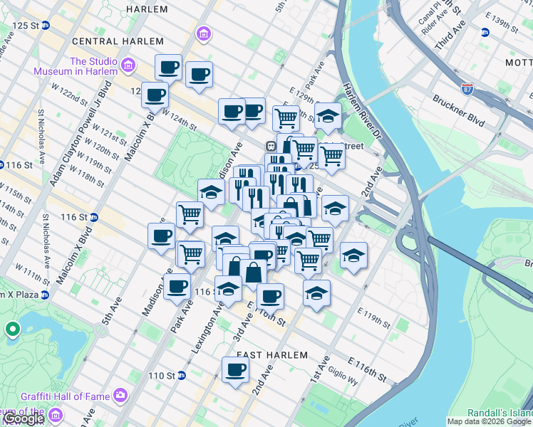 map of restaurants, bars, coffee shops, grocery stores, and more near 1990 Lexington Avenue in New York