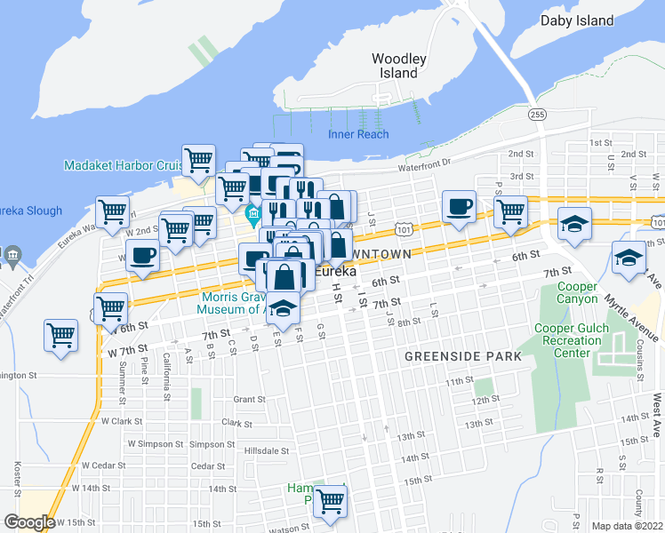 map of restaurants, bars, coffee shops, grocery stores, and more near 5th St & H St in Eureka