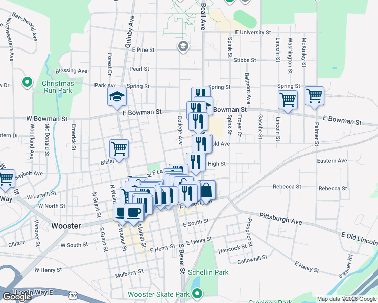 map of restaurants, bars, coffee shops, grocery stores, and more near 348 East Larwill Street in Wooster