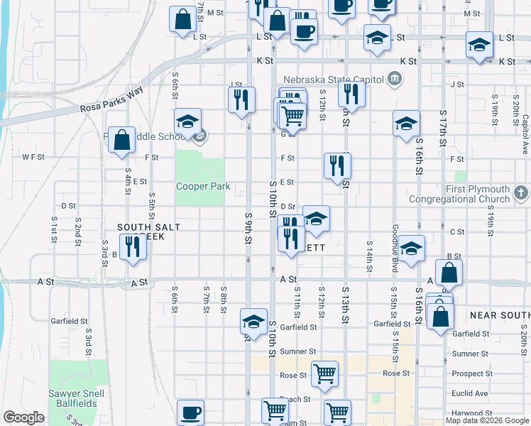 map of restaurants, bars, coffee shops, grocery stores, and more near 945 D Street in Lincoln