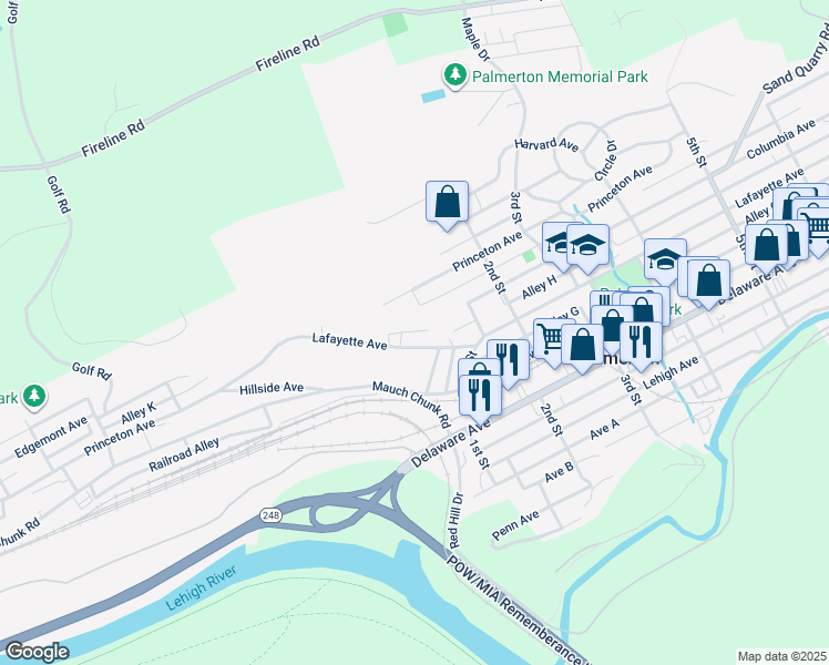 map of restaurants, bars, coffee shops, grocery stores, and more near Klotz Lane in Palmerton