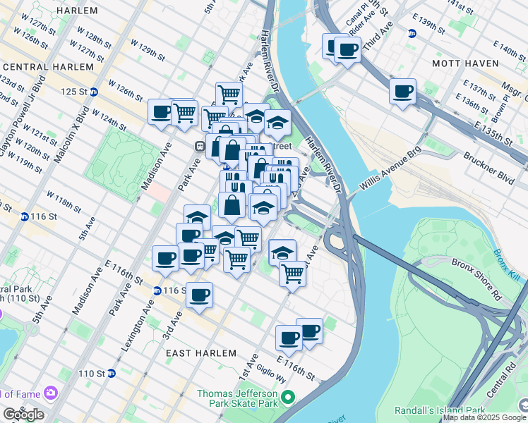map of restaurants, bars, coffee shops, grocery stores, and more near 224 East 125th Street in New York