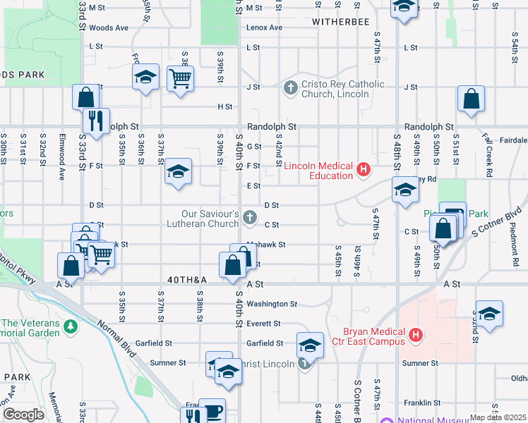 map of restaurants, bars, coffee shops, grocery stores, and more near 4120 D Street in Lincoln