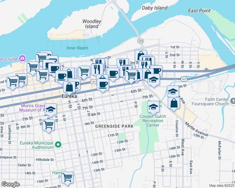 map of restaurants, bars, coffee shops, grocery stores, and more near 1236 6th Street in Eureka