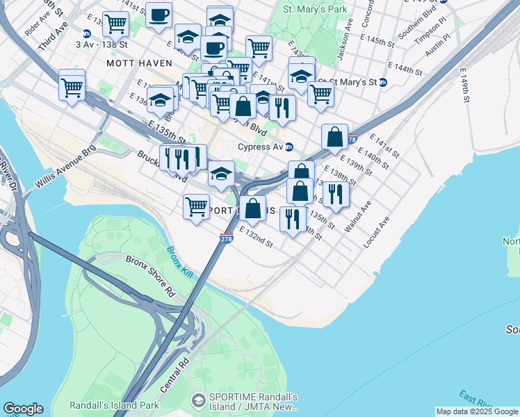 map of restaurants, bars, coffee shops, grocery stores, and more near in The Bronx
