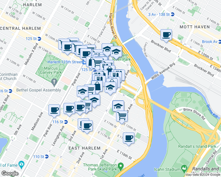 map of restaurants, bars, coffee shops, grocery stores, and more near 224 East 125th Street in New York