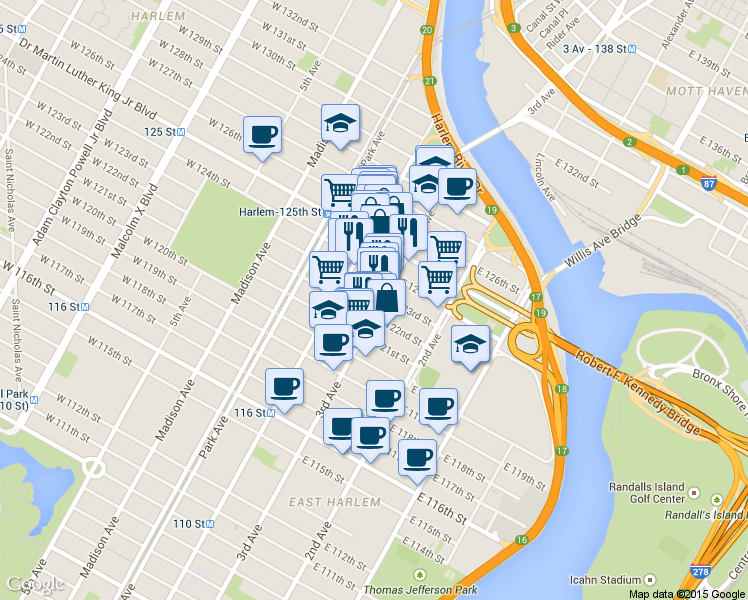 map of restaurants, bars, coffee shops, grocery stores, and more near in New York