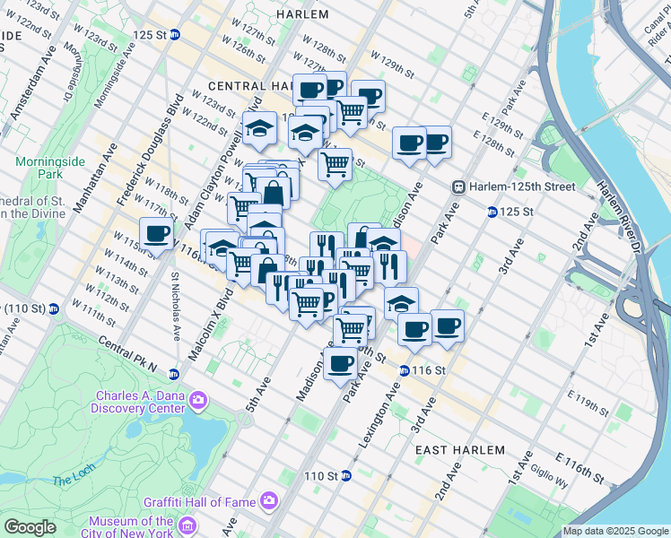 map of restaurants, bars, coffee shops, grocery stores, and more near 11 West 119th Street in New York
