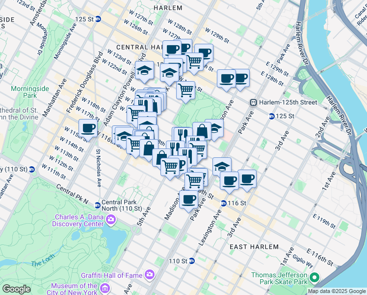 map of restaurants, bars, coffee shops, grocery stores, and more near 11 West 119th Street in New York