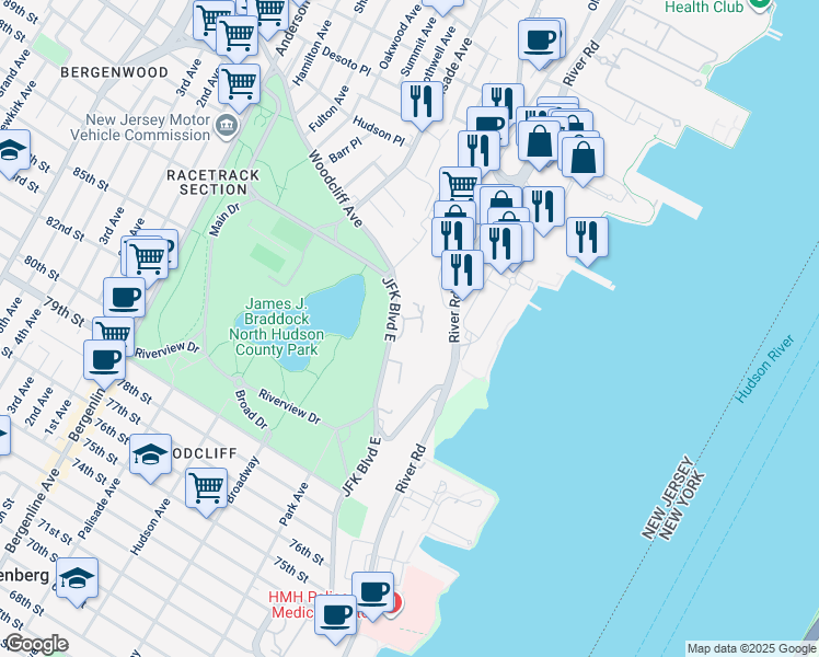 map of restaurants, bars, coffee shops, grocery stores, and more near 8700 Boulevard East in North Bergen