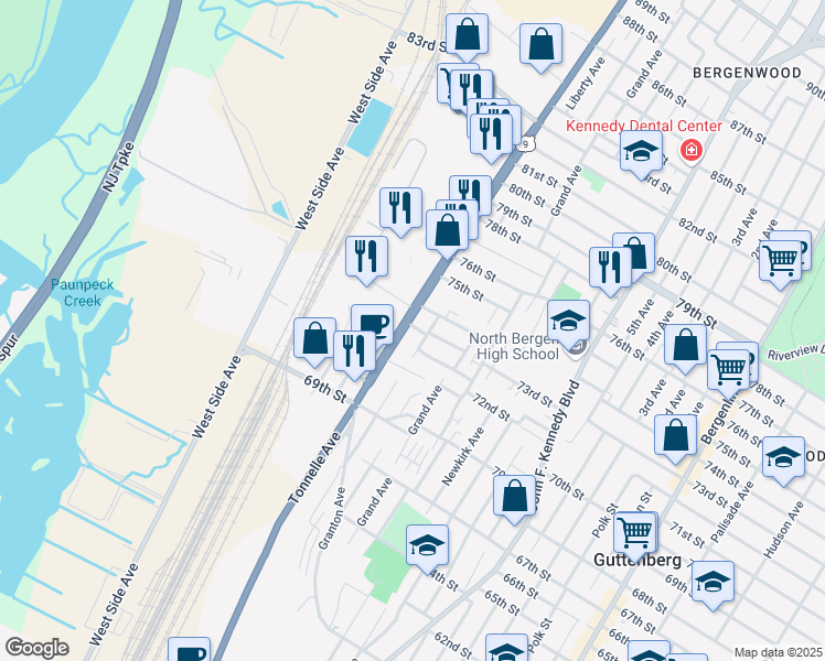 map of restaurants, bars, coffee shops, grocery stores, and more near in North Bergen