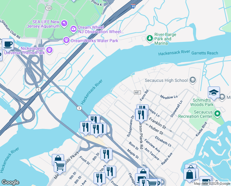 map of restaurants, bars, coffee shops, grocery stores, and more near 132 Blue Heron Drive in Secaucus