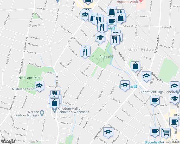 map of restaurants, bars, coffee shops, grocery stores, and more near 7 Wheeler Street in Montclair