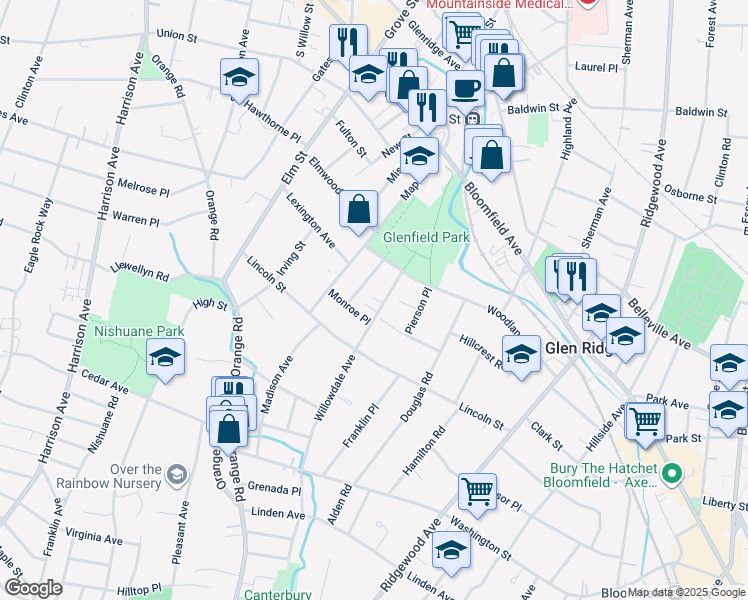 map of restaurants, bars, coffee shops, grocery stores, and more near 7 Wheeler Street in Montclair