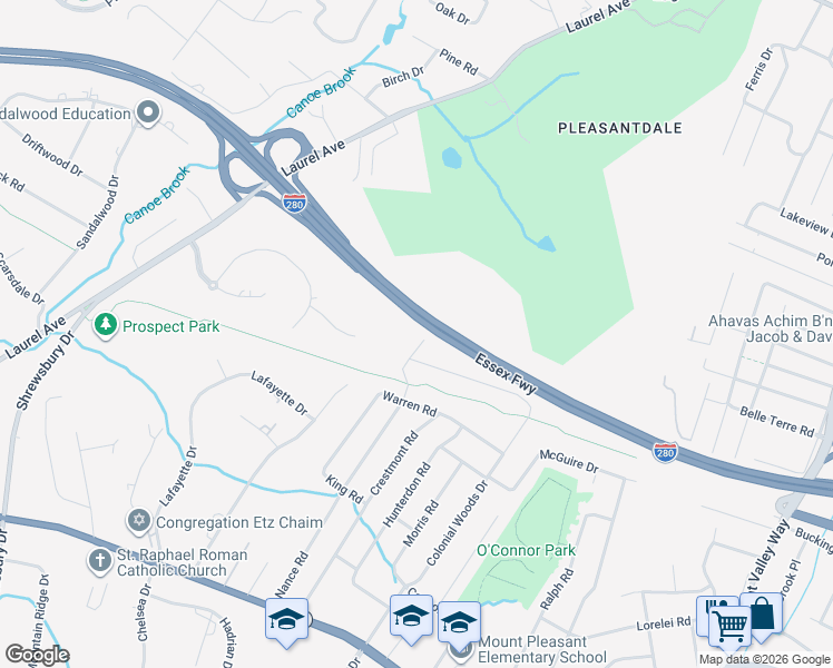 map of restaurants, bars, coffee shops, grocery stores, and more near Essex Freeway in West Orange