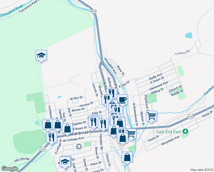 map of restaurants, bars, coffee shops, grocery stores, and more near 415 North Railroad Street in Tamaqua