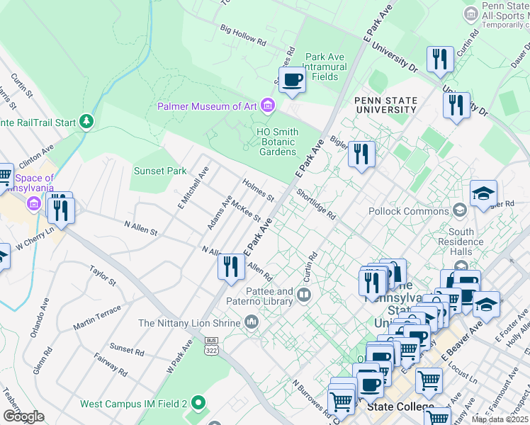 map of restaurants, bars, coffee shops, grocery stores, and more near 520 Holmes Street in State College