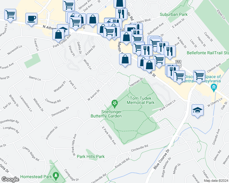 map of restaurants, bars, coffee shops, grocery stores, and more near 844 West Aaron Drive in State College