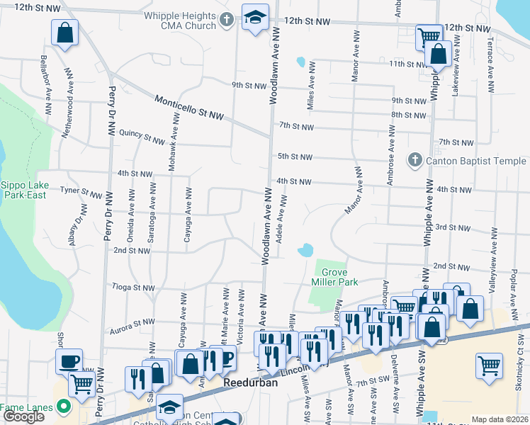 map of restaurants, bars, coffee shops, grocery stores, and more near 4818 4th Street Northwest in Canton