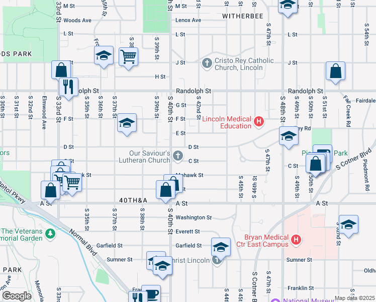 map of restaurants, bars, coffee shops, grocery stores, and more near 4120 D Street in Lincoln