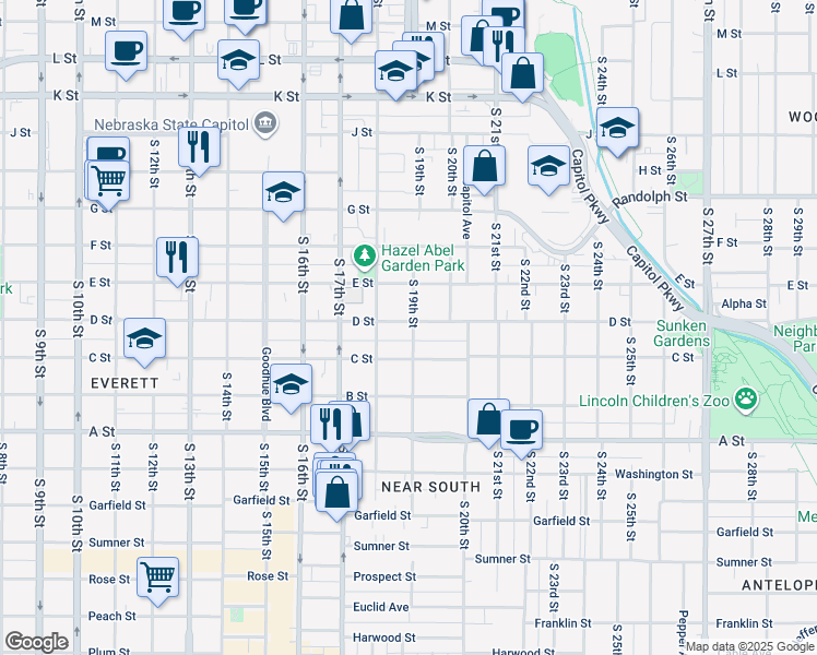 map of restaurants, bars, coffee shops, grocery stores, and more near 1826 D Street in Lincoln