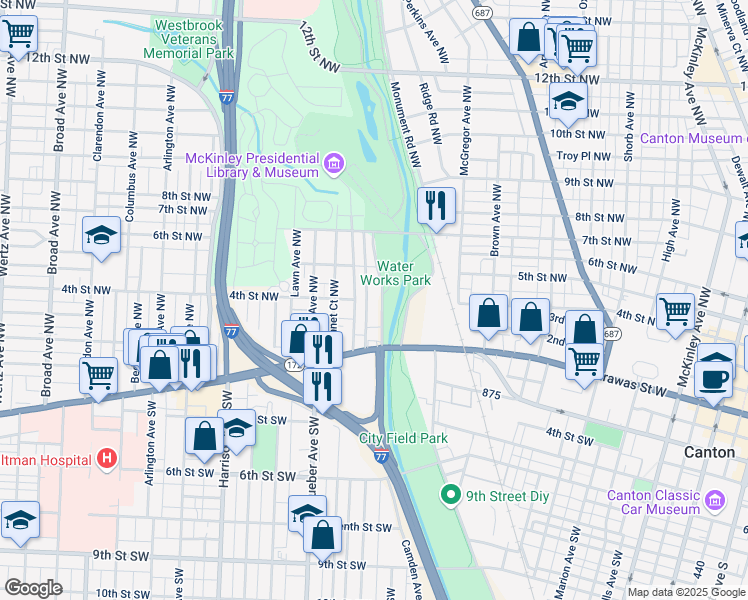 map of restaurants, bars, coffee shops, grocery stores, and more near 401 Elgin Avenue Northwest in Canton