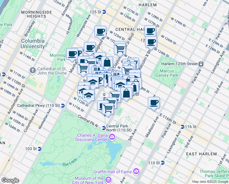 map of restaurants, bars, coffee shops, grocery stores, and more near 141w West 116th Street in New York