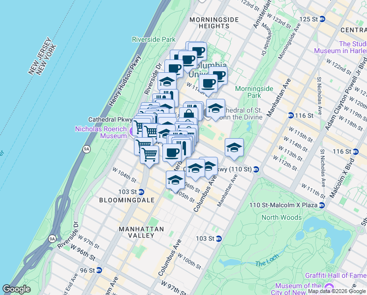 map of restaurants, bars, coffee shops, grocery stores, and more near in New York