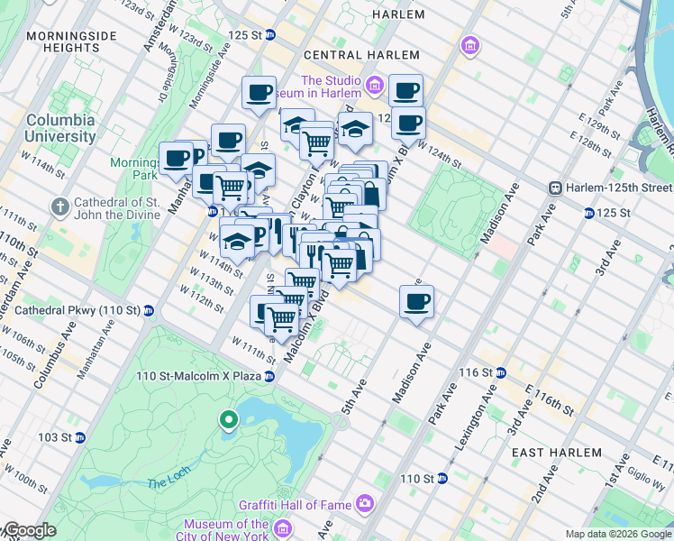 map of restaurants, bars, coffee shops, grocery stores, and more near 130 Lenox Avenue in New York