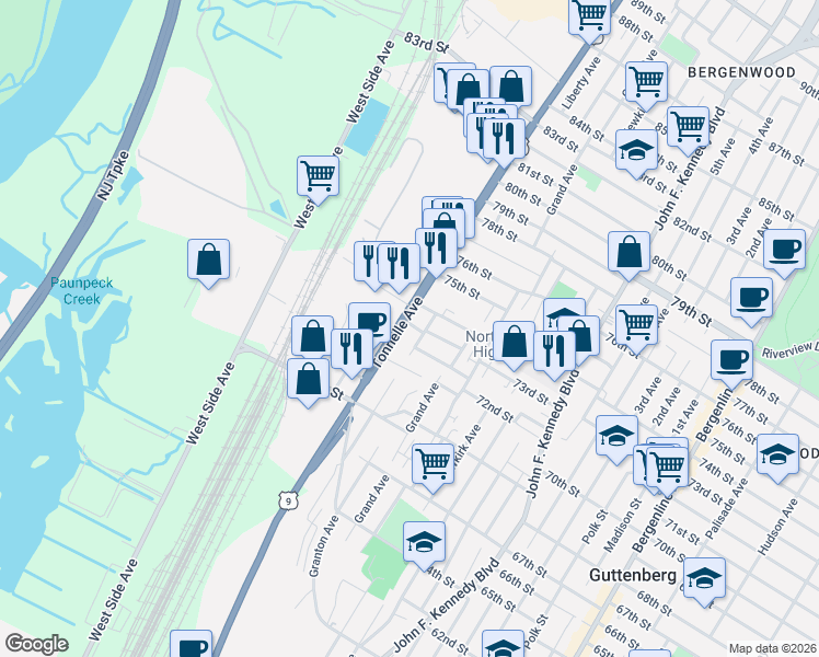 map of restaurants, bars, coffee shops, grocery stores, and more near in North Bergen
