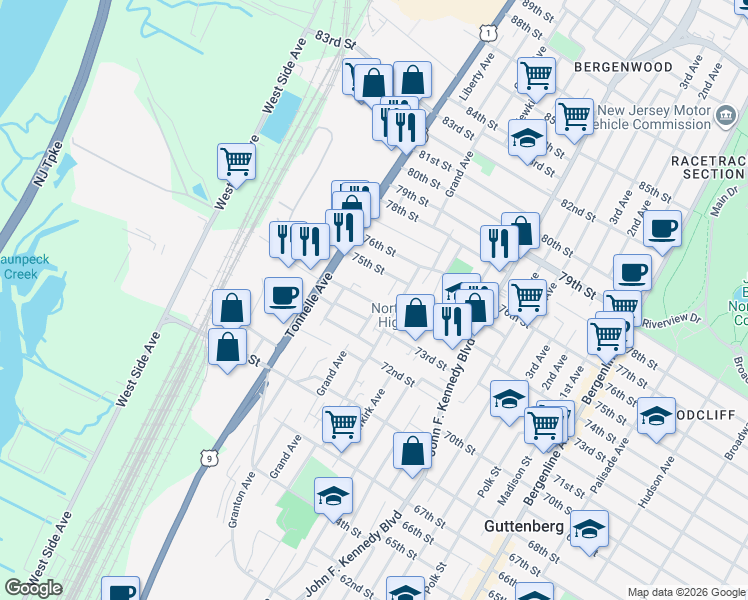 map of restaurants, bars, coffee shops, grocery stores, and more near 1501 75th Street in North Bergen
