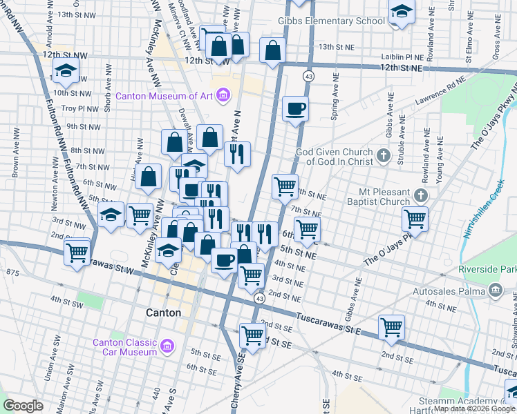 map of restaurants, bars, coffee shops, grocery stores, and more near 626 Walnut Avenue Northeast in Canton