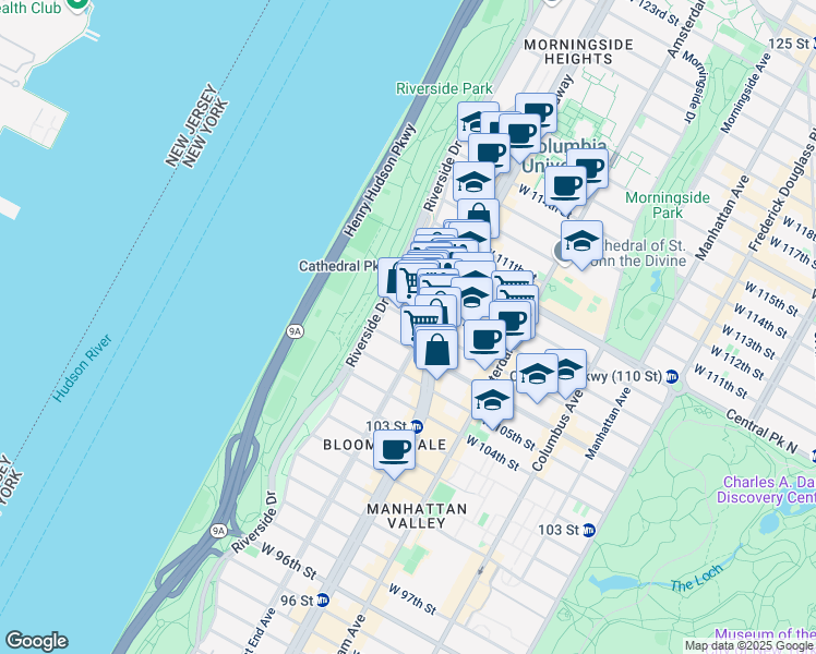 map of restaurants, bars, coffee shops, grocery stores, and more near 304 West 107th Street in New York