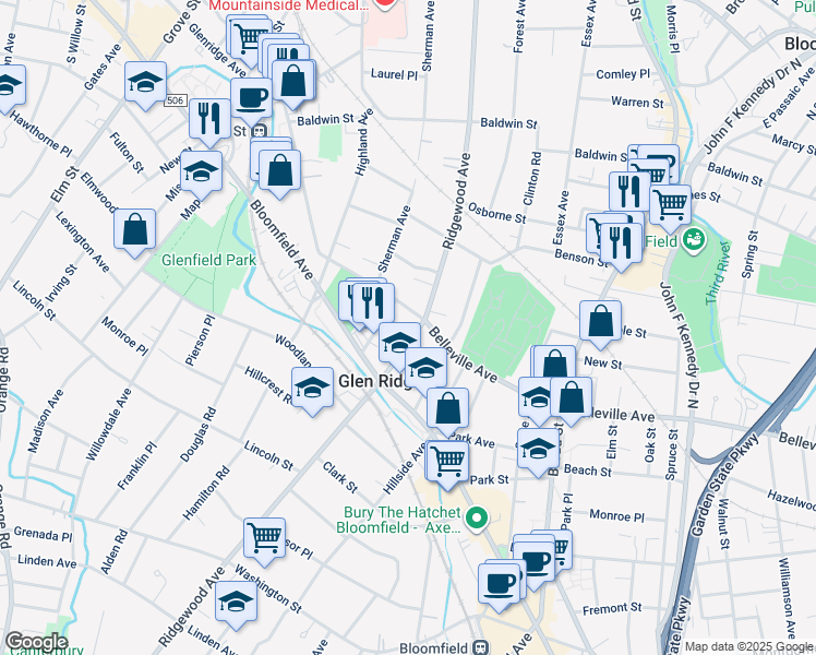 map of restaurants, bars, coffee shops, grocery stores, and more near 258 Ridgewood Avenue in Glen Ridge