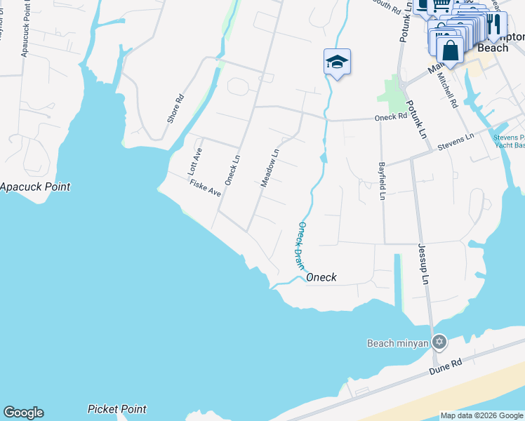 map of restaurants, bars, coffee shops, grocery stores, and more near 26 Meadow Lane in Westhampton Beach