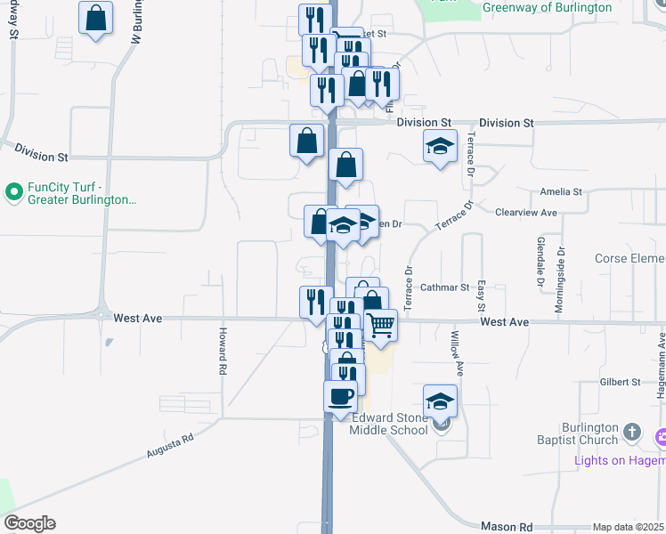 map of restaurants, bars, coffee shops, grocery stores, and more near 700 South Roosevelt Avenue in Burlington