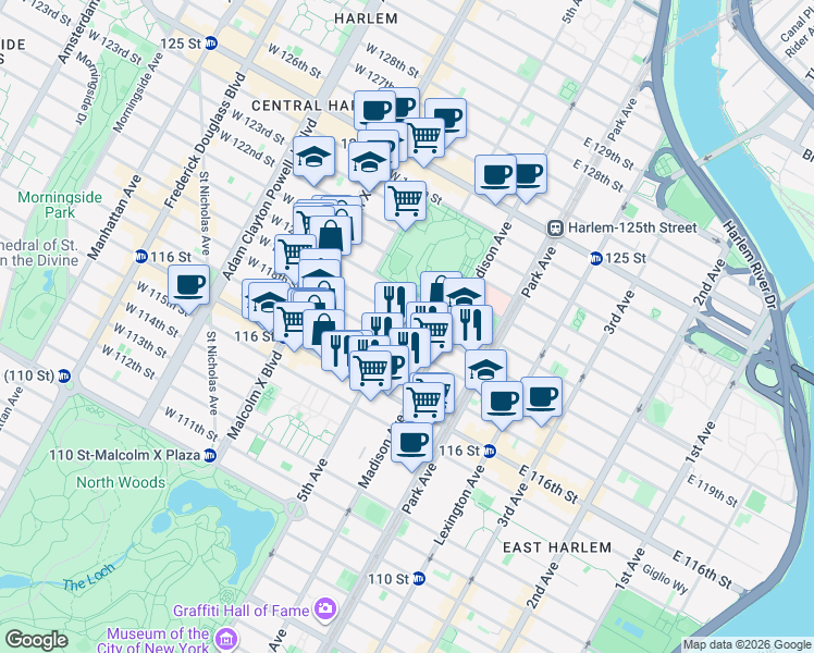 map of restaurants, bars, coffee shops, grocery stores, and more near 11 West 119th Street in New York