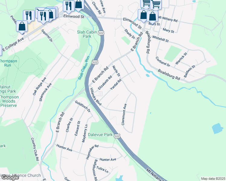 map of restaurants, bars, coffee shops, grocery stores, and more near 1400-1698 Yardal Road in State College