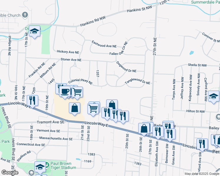 map of restaurants, bars, coffee shops, grocery stores, and more near 2335 Tanglewood Drive Northeast in Massillon