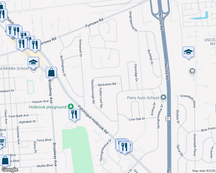 map of restaurants, bars, coffee shops, grocery stores, and more near 23 Berkshire Road in Holbrook