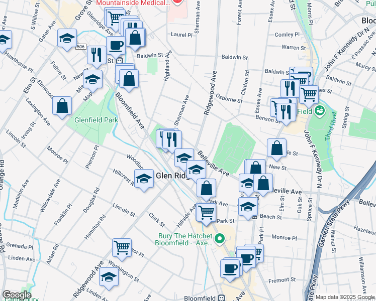 map of restaurants, bars, coffee shops, grocery stores, and more near 521 Belleville Avenue in Glen Ridge