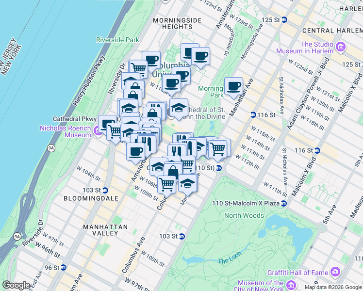 map of restaurants, bars, coffee shops, grocery stores, and more near 419 Cathedral Parkway in New York
