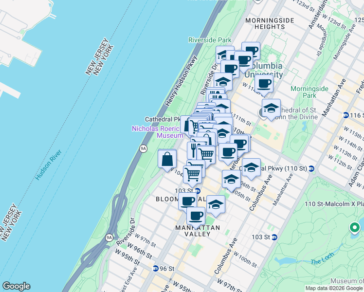 map of restaurants, bars, coffee shops, grocery stores, and more near 400 West 107th Street in New York