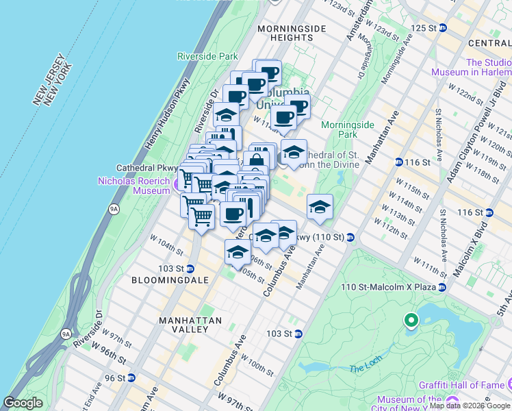 map of restaurants, bars, coffee shops, grocery stores, and more near West 109th Street in New York