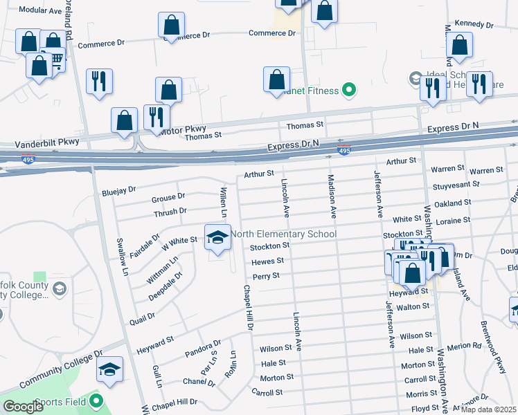map of restaurants, bars, coffee shops, grocery stores, and more near 8 Van Buren Street in Brentwood