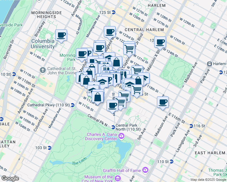 map of restaurants, bars, coffee shops, grocery stores, and more near St Nicholas Ave & W 115th St in New York