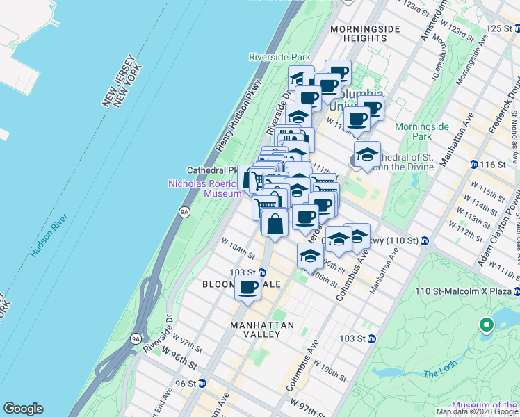 map of restaurants, bars, coffee shops, grocery stores, and more near 300 West 107th Street in New York