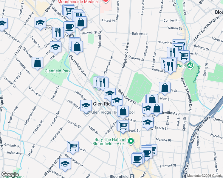 map of restaurants, bars, coffee shops, grocery stores, and more near 258 Ridgewood Avenue in Glen Ridge