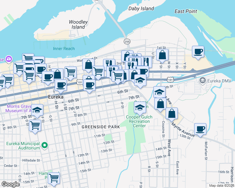 map of restaurants, bars, coffee shops, grocery stores, and more near 600 P Street in Eureka