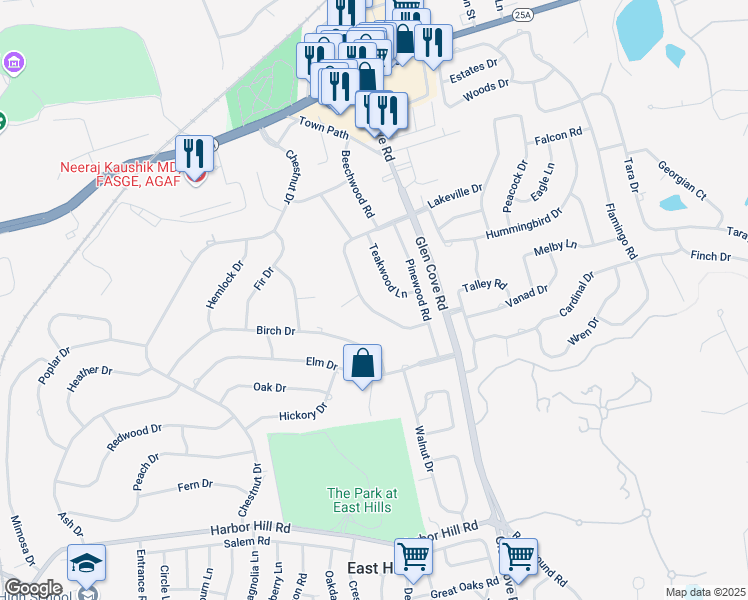 map of restaurants, bars, coffee shops, grocery stores, and more near 35 Midwood Cross in Roslyn